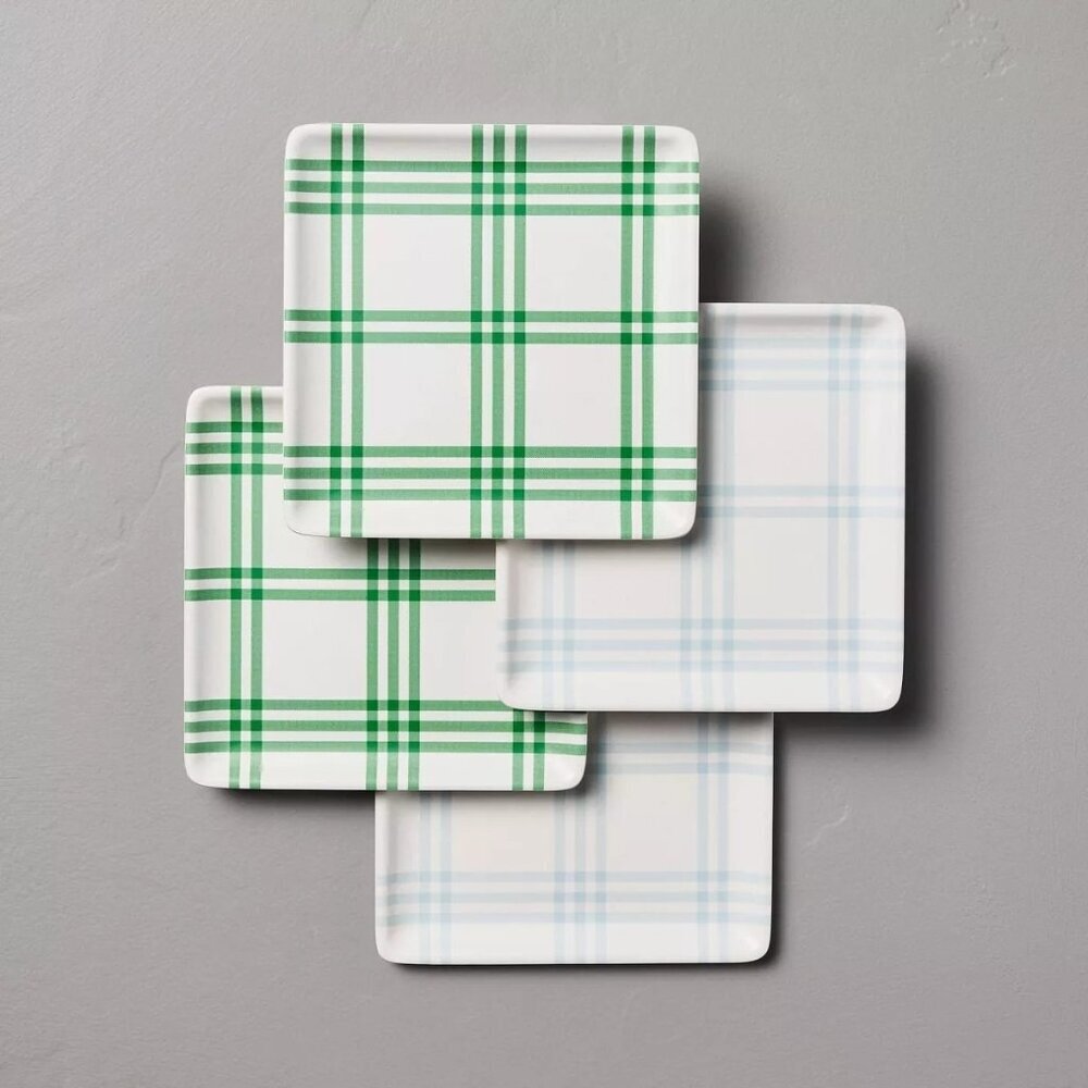 4pk Tri-Stripe Plaid Square Melamine Appetizer‎ Plates - Hearth & Hand Magnolia